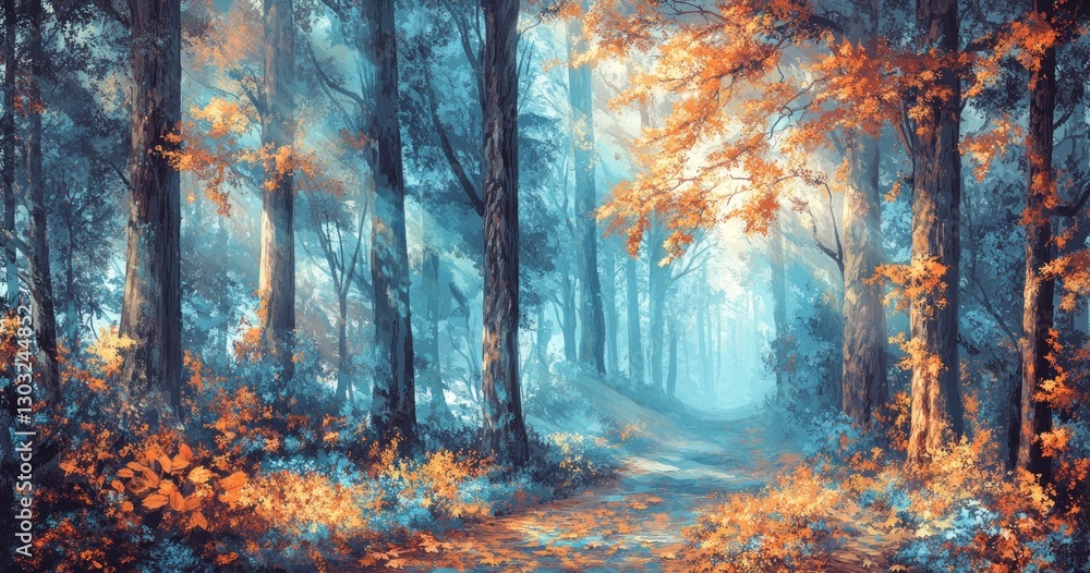 Aufkleber mystical forest with tall trees and fog, illuminated by the soft glow of sunlight filtering through 