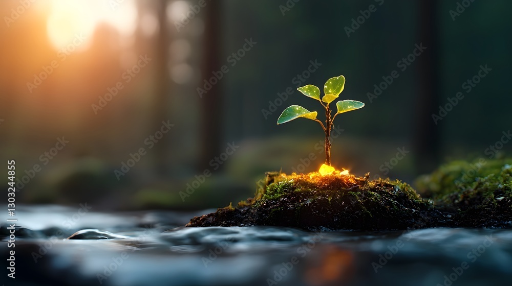 Poster stunning image of a genetically modified shrub with small glowing crystal like structures emerging f