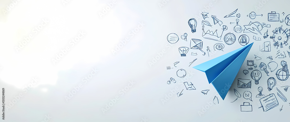 Poster paper plane soaring: a captivating image featuring a handcrafted blue paper airplane against a canva