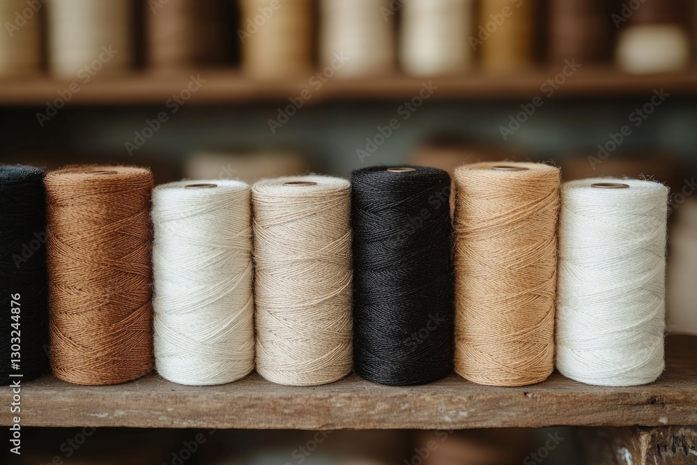 Poster spools of thread in various colors sit on a wooden shelf, ready for use in a craft workshop