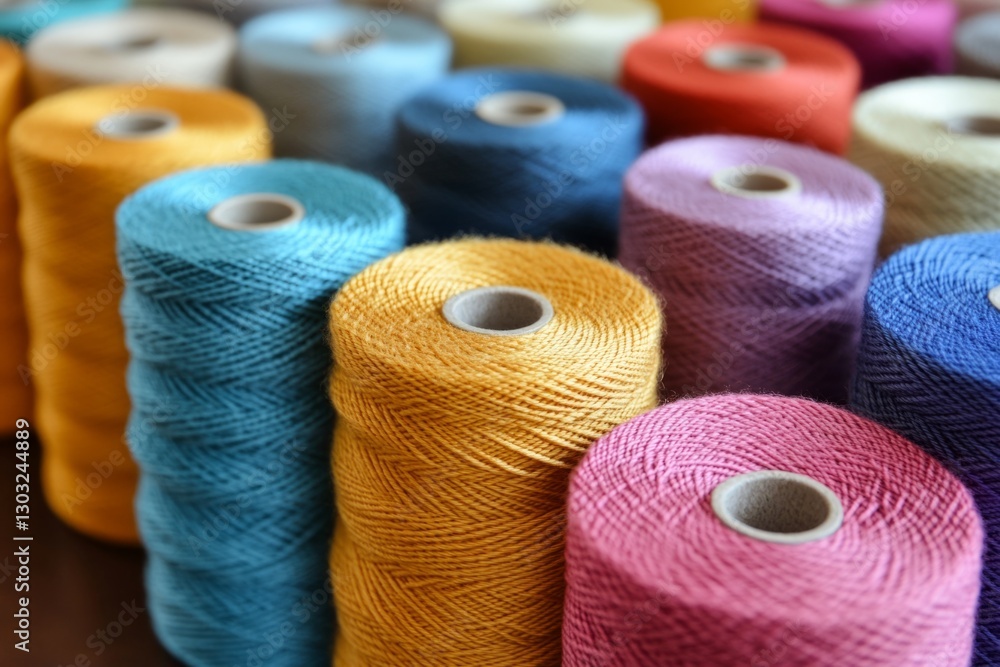 Poster spools of colorful thread stand ready for a new project, offering a wide range of hues for any creat