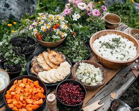 Diverse spread of wild plants roots and berries on a hunter gatherers wooden mat prepared for a communal meal