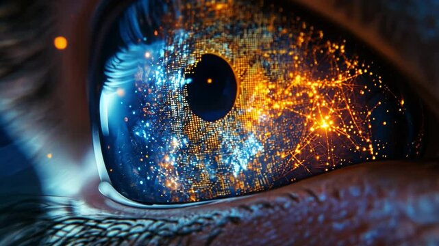 Digital Eye: A close-up of a human eye, with digital light patterns overlaid across the iris, symbolizing vision, technology, and the intersection of human and artificial intelligence
