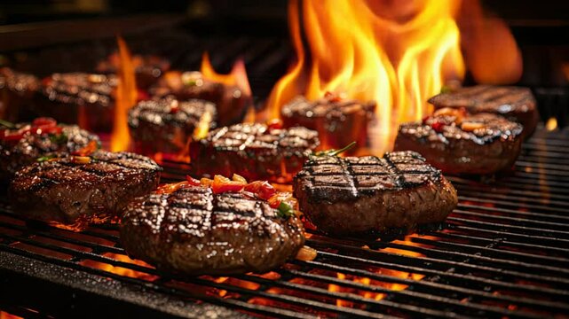 colorful, tasty meat burger with fire in background, fast food concept