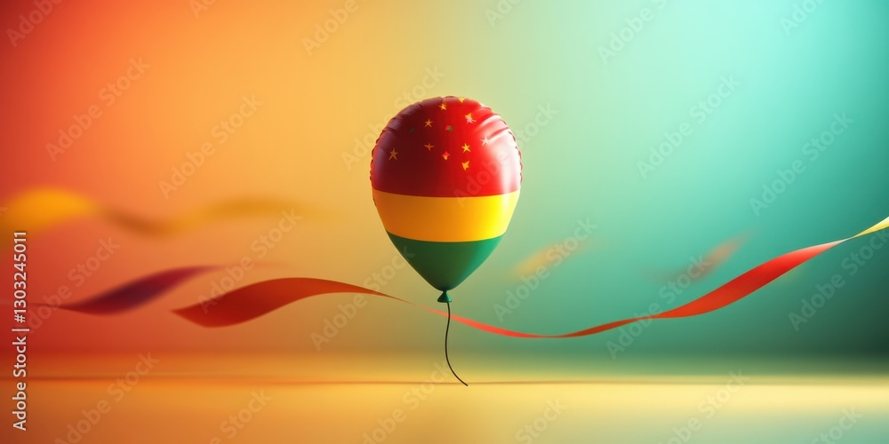 Poster Vibrant Balloon with Colorful Ribbons and Flag Design Captured Against a Gradient Background