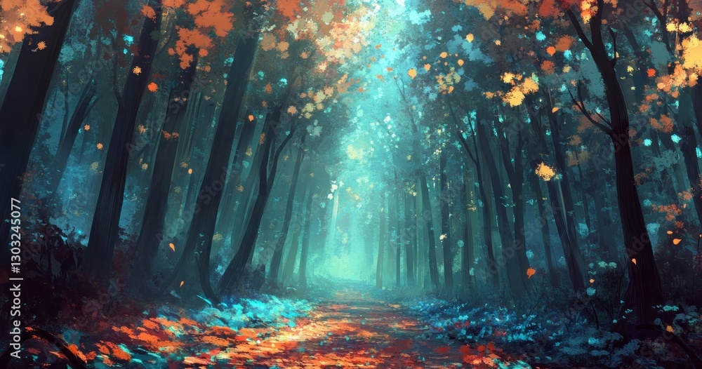 Poster mystical forest with tall trees and fog, illuminated by the soft glow of sunlight filtering through 