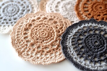 Handmade crochet doilies in various colors, showcasing traditional handicraft techniques and creating a decorative display