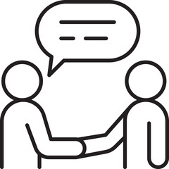 Two people shaking hands and talking line icon