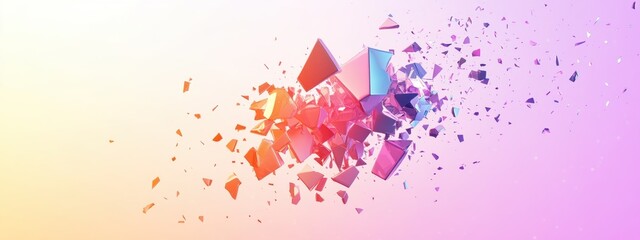 Fototapeta premium Abstract Explosion of Colorful Geometric Shapes: A Dynamic 3D Render of Shattering Prisms and Fragments in Vibrant Hues