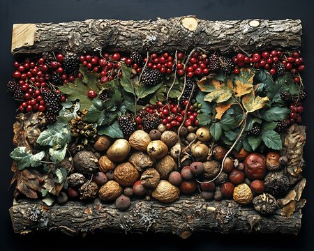 Diverse spread of wild plants roots and berries on a hunter gatherers wooden mat prepared for a communal meal