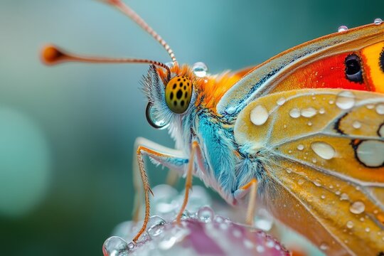 Vibrant butterfly with water droplets on its wings and body, perched on a dewy flower in a macro close-up - Powered by Adobe