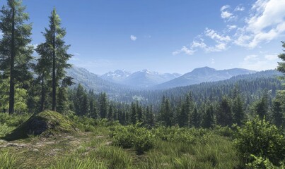 Fototapeta premium panoramic view of the dense green forests in the Mountains, with mountains visible on the horizon