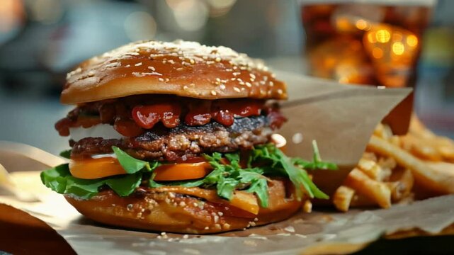 colorful, tasty meat burger with fire in background, fast food concept