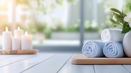 Fototapeta premium Relaxing Spa Scene with Rolled Towels and Candles on Wooden Table