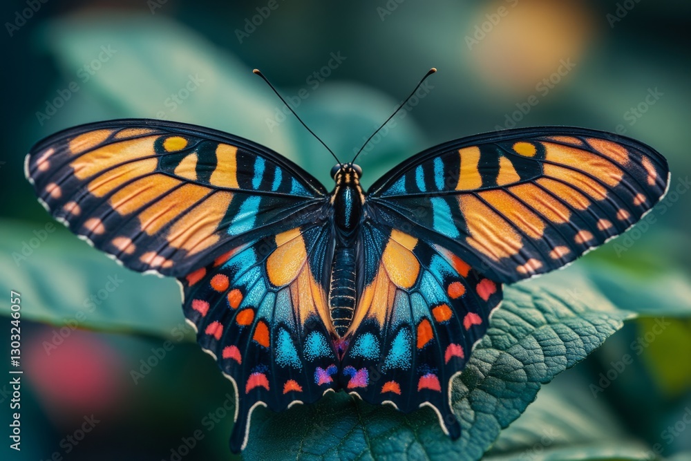 Poster close-up of a vibrant cairns birdwing butterfly showcasing its intricate patterns and colors while p
