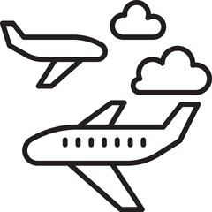 Airplanes flying in a cloudy sky line icon