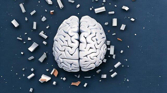 A conceptual representation of a brain surrounded by fragmented pieces on a blue background