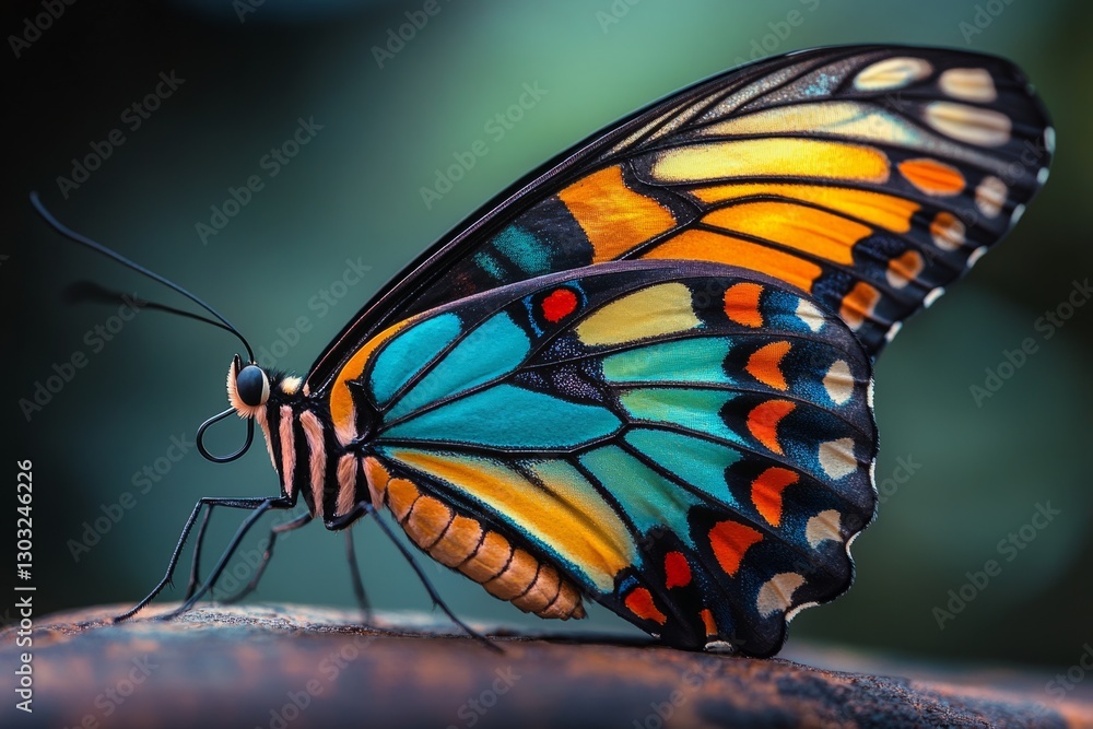 Poster close-up of a colorful butterfly with vibrant patterns on its wings, resting on a branch