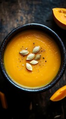 Pumpkin soup in bowl on table