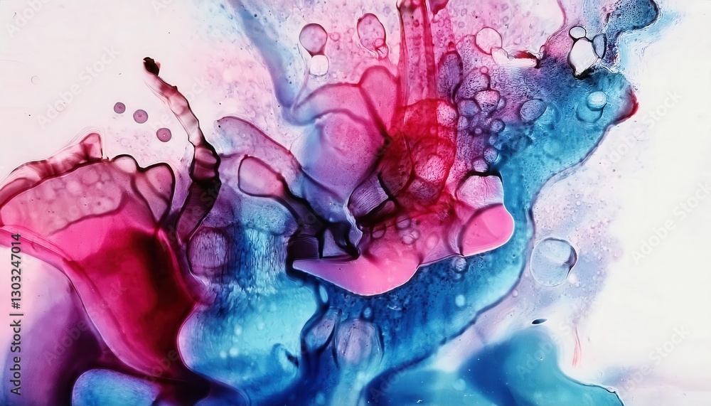 Poster abstract fluid art with vibrant pink and deep blue ink blending, creating organic textures and soft 