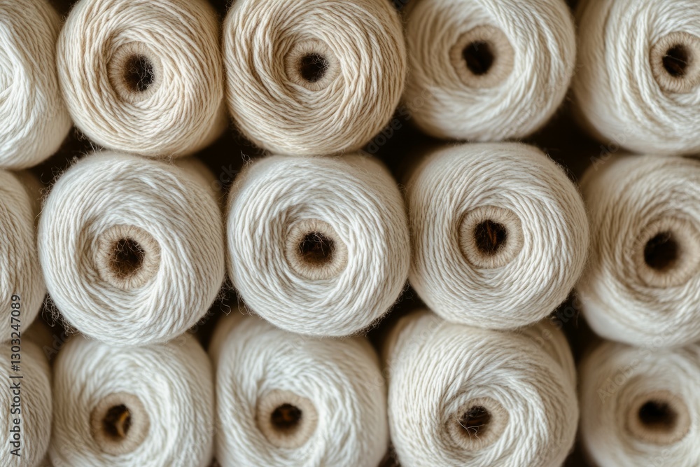Poster close-up of stacked spools of beige and white thread, creating an interesting pattern, ideal for tex