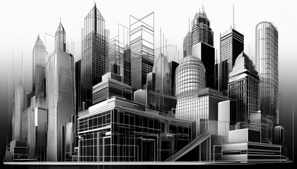 buildings cityscape abstract concept 3d render transparent blueprint