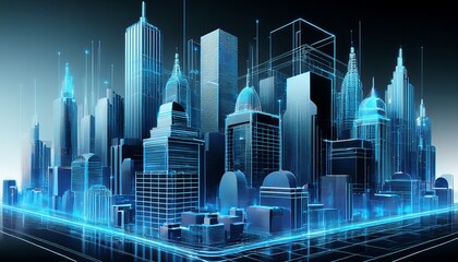buildings cityscape abstract concept 3d render transparent blueprint