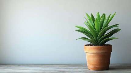 Fototapeta premium Green plant in terracotta pot on wooden surface against light wall.