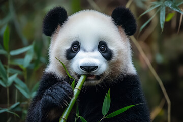 Obraz premium Adorable panda cub happily munching on a piece of bamboo, surrounded by green foliage