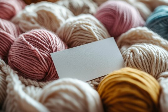 Skeins of colorful yarn surround a blank business card, creating a cozy scene for knitting or crochet projects