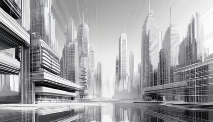 buildings cityscape abstract concept 3d render transparent blueprint