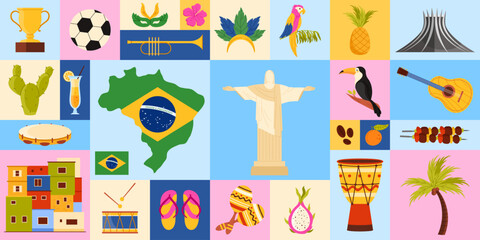 Vector illustration showcasing Brazilian cultural elements, including iconic landmarks, foods, and national traditions. Highlights Brazil cultural diversity.