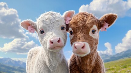 Obraz premium Two fluffy calves standing close together in a picturesque mountain meadow, one with a soft silver gray coat and the other a light caramel color