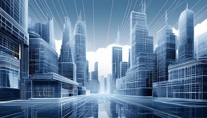 buildings cityscape abstract concept 3d render transparent blueprint