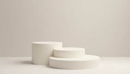 minimalist 3d podium setup with round platforms, neutral-toned background, warm beige palette, soft shadows, subtle lighting, ideal for showcasing products, branding, luxury items, beauty promotions