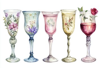Charming Collection of Watercolor Wine Glasses: Rose, White, and Red, Isolated on Elegant Background