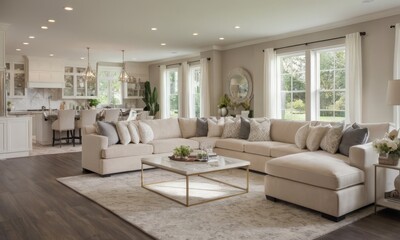 Fototapeta premium Spacious and modern living room with comfortable seating arrangement and natural light