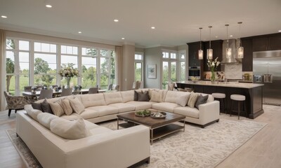 Bright and spacious living room with open kitchen concept showcasing modern interior design