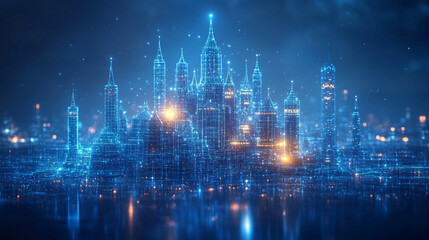 Fototapeta premium A 3D-rendered futuristic castle glows vibrantly against a dark blue backdrop, symbolizing security, innovation, and digital strength. Its sleek, modern design blends architecture with technology