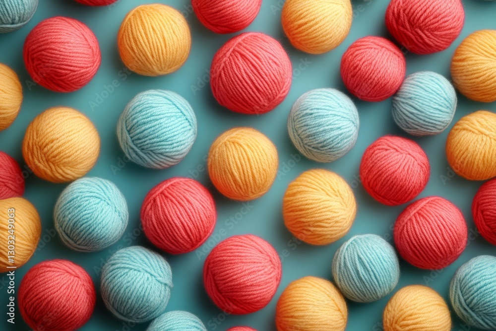 Poster many colorful balls of yarn arranged on a teal background create a cheerful and inspiring scene for 
