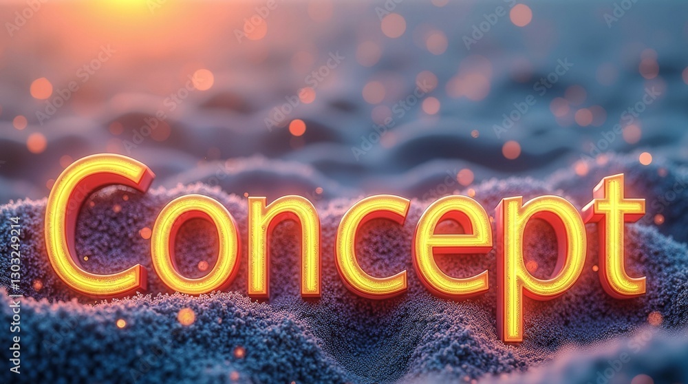 Poster a glowing word that is written in neon letters on a sandy beach. the word is 