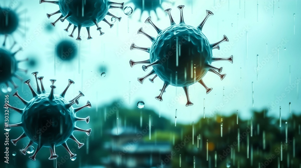 Poster a virus is shown in the air with a cloudy background. the virus is a small, round object with a long