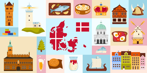 A vibrant and colorful collage that showcases the famous landmarks, delicious food, and rich traditions of Denmark vector illustration. Represents danish national identity.