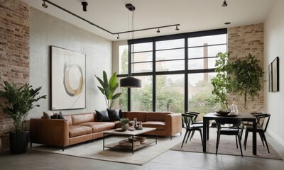 Fototapeta premium Elegant living room interior with modern design and ample natural light creating a welcoming and sophisticated space