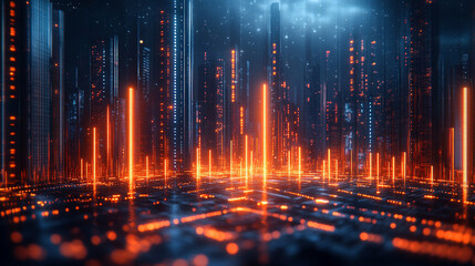 Fototapeta premium A 3D-rendered futuristic castle glows vibrantly against a dark blue backdrop, symbolizing security, innovation, and digital strength. Its sleek, modern design blends architecture with technology