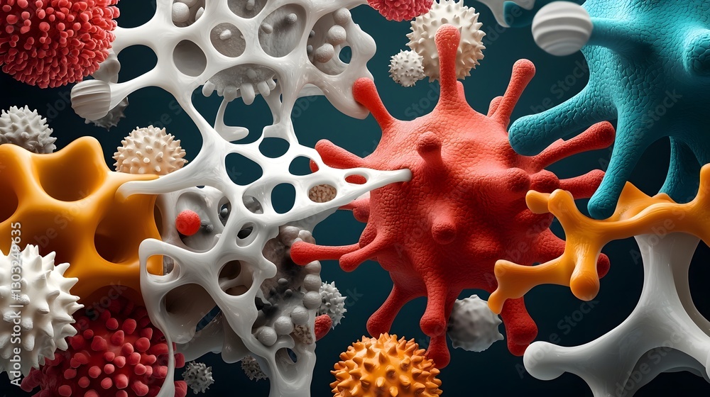 Poster microscopic view showcasing the intricate organic structures and vibrant botanical patterns of plant