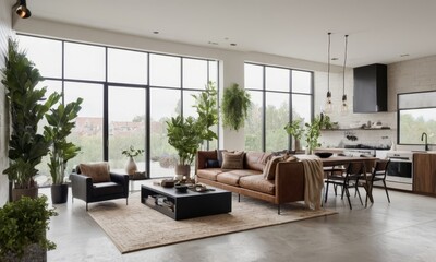 Bright and spacious modern living room with plants, furniture and large windows offering scenic view