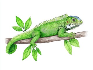 Fototapeta premium Green lizard resting on a branch surrounded by vibrant leaves in a natural setting