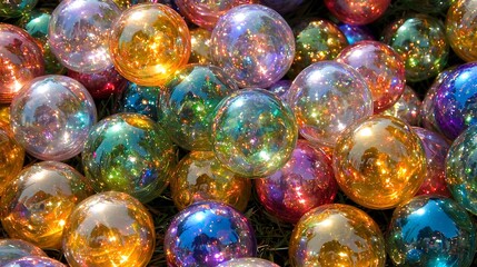 Colorful Reflective Ornaments Shining Under Bright Lights in a Festive Atmosphere