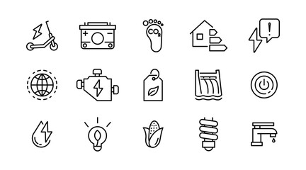 Energy efficiency line icon set. ECO, electric, power, solar panel, economy, battery, re-use, and natural icon collection. UI thin outline icon pack